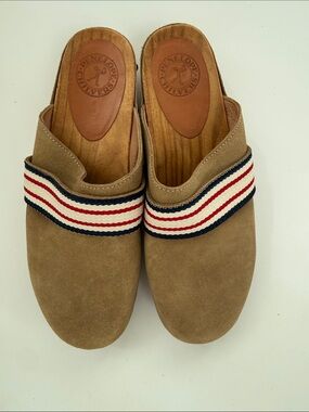 Penelope Chilvers Tan Suede Slip-On Clogs with Red, White & Blue Trim
